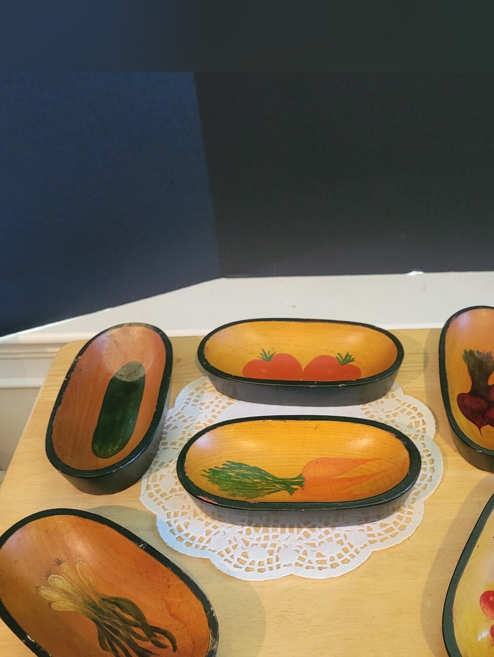 Vintage Hand Painted Wooden Bowls Set Of 6 For Kitchen Wall Decór 7" Vegetables